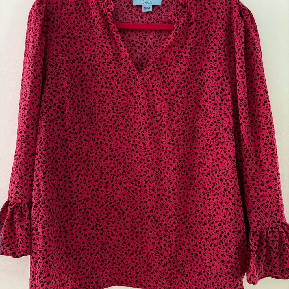 CeCe Fuschia and Black Floral Blouse